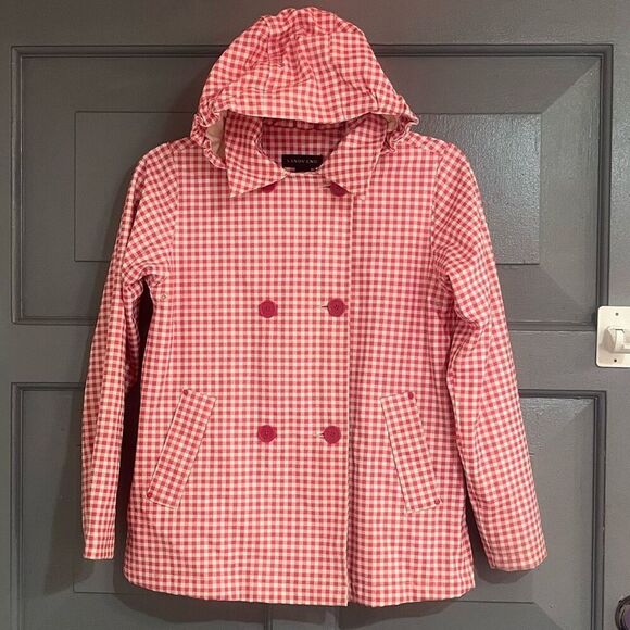 Lands End Kids Girls Gingham Red & White Hooded Rain Coat Sz M Preowned - Picture 1 of 11